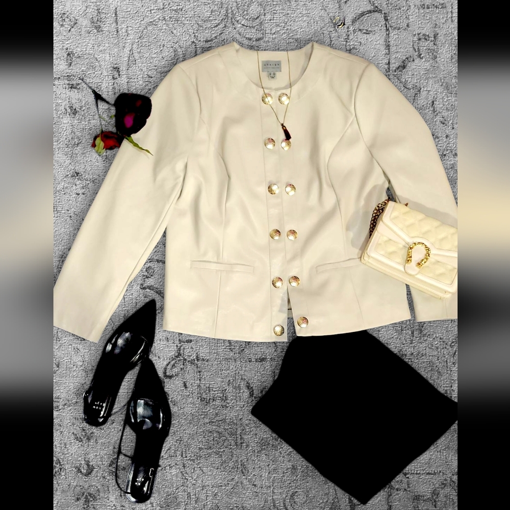 Susan Graver Cream Blazer with Gold Button Accents
